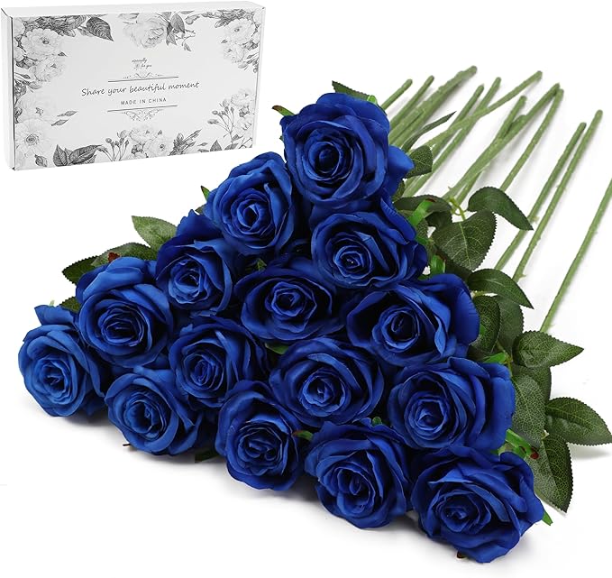 Blue Fake Roses Artificial Flowers - 16 Pcs Fake Artificial Roses Silk Flowers with Stems for Home Wedding Hotel Office Centerpiece Decor-Ruum Studio Home