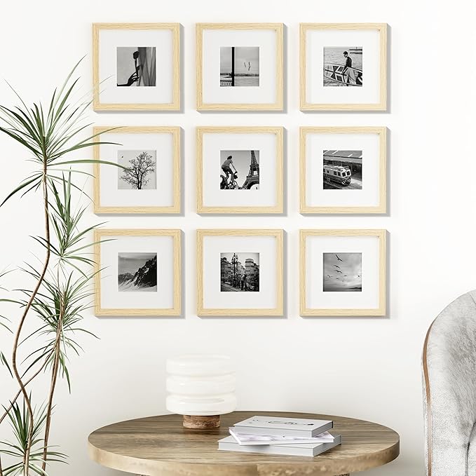 Vittanly 8x8 Picture Frames Set of 9, Shatter Resistant Plexiglass, Display 4x4 Pictures with Mat or 8x8 without Mat, Photo Frames for Wall Mount, Engineered Wood, OAK-Ruum Studio Home