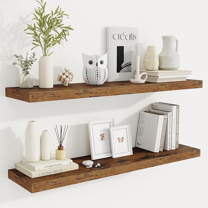 Fun Memories 40" Rustic Wood Floating Shelves with Invisible Brackets for Storage & Decor, Deep Wall Mounted Shelves for Bathroom, Kitchen, Living Room (Brown,Set of 2)-Ruum Studio Home