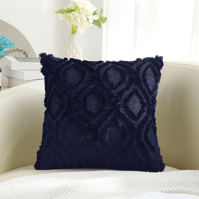 decorUhome Fall Throw Pillow Covers 20x20 Inch Set of 2, Soft Plush Decorative Faux Fur Navy Blue Solid Couch Pillow Covers, Accent Farmhouse Neutral Square Euro Pillow Cases for Sofa Bed Living Room-Ruum Studio Home