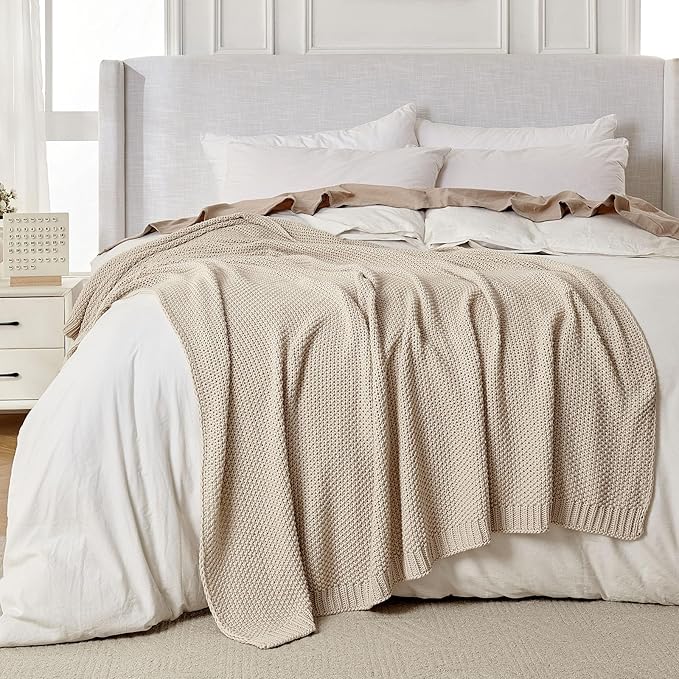 Joydeco Chunky Cable Knit Throw Blanket, Lightweight 100% Organic Cotton Soft Cozy Throw Twin Blanket for Couch Bed and Sofa, Rustic Breathable Farmhouse Blanket Gift for Women Men(Beige, 51"x63")-Ruum Studio Home