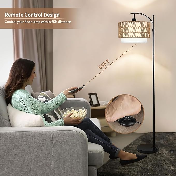 Arc Floor Lamp with Table and Shelves,Rattan Boho Floor Lamp with Remote Control,Rustic Floor Lamps for Bedroom Wicker Standing Lamp with 3 Color Temperature Tall Lamp for Living Room Corner-Ruum Studio Home