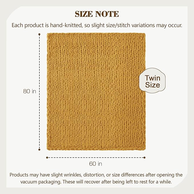 Carriediosa Chunky Knit Throw Blanket 60" X 80" Twin, 100% Hand Made Large Chenille Loop Yarn Soft Fluffy Throws for Couch Sofa Bed, Big Crochet Cozy Heavy Thick Cable Woven Blanket, Yellow-Ruum Studio Home
