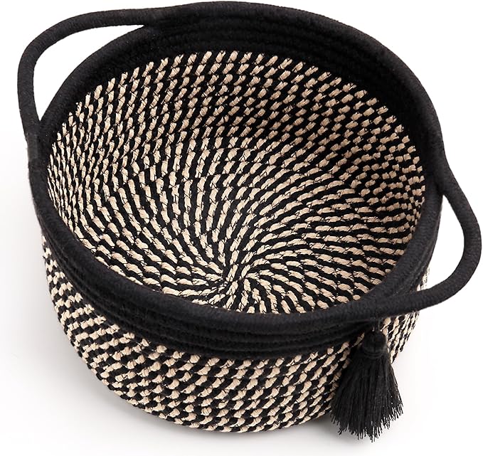 Decorative Small Gift Basket Empty – SweetMemo Cute Woven Rope Organizer Baskets for Desk, Bedside, Bathroom, Key, Round Boho Decor Cotton Bin with tassel, Gift Bag, Ribbon – Rustic Black Brown-Ruum Studio Home
