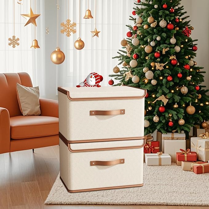 Tuza 2 Pack Storage Bins with Lids, Collapsible Closet Organizer Container, Fabric Organizer Box with Handles, Decorative Storage Boxes with Lids for Organizing Clothes, Blanket, White, Extra Large-Ruum Studio Home