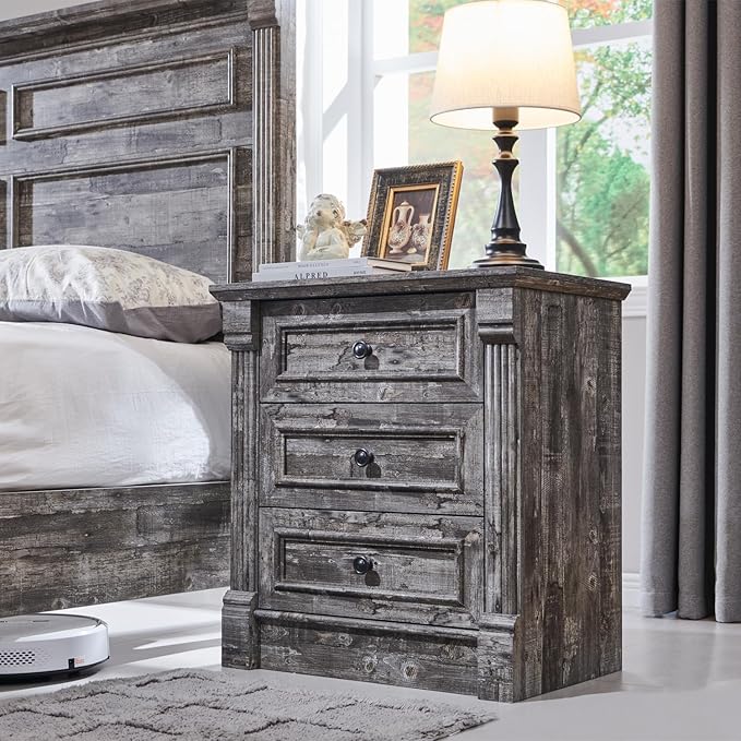 26" Tall Farmhouse Nightstand, 3 Drawers End Table w/Charging Station, 23.6" Wide Large Side Table w/Roman Column, Wood Rustic Sofa Table for Bedroom, Light Gray-Ruum Studio Home