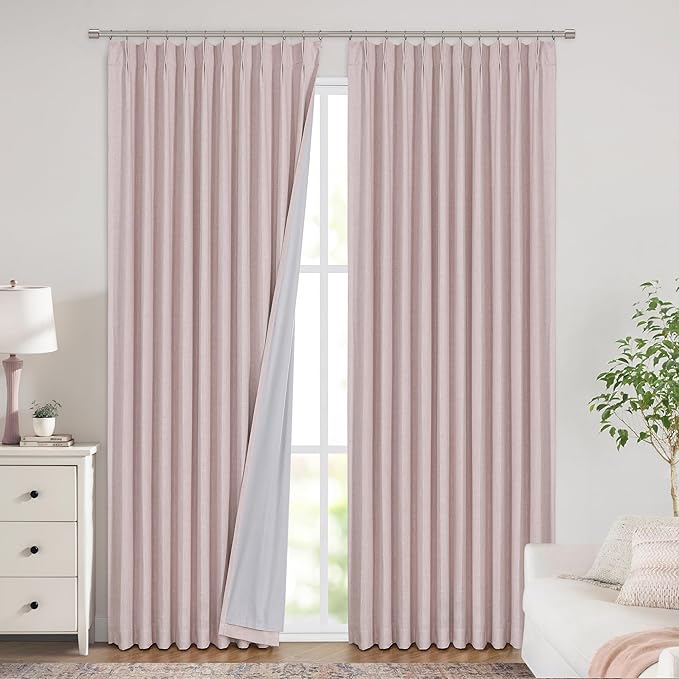 Vision Home Soft Pink Pinch Pleated Full Blackout Curtains Linen Blended Room Darkening Window Curtains 63 inch for Living Room Bedroom Thermal Insulated Pinch Pleat Drapes with Hooks 60" Wx63 Lx1-Ruum Studio Home