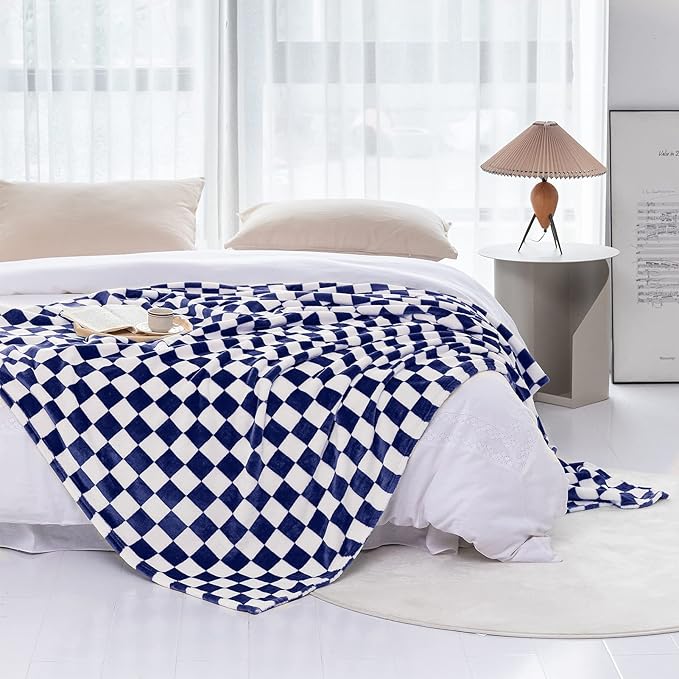 LOMAO Throw Blankets Flannel Blanket with Checkerboard Grid Pattern Soft Throw Blanket for Couch, Bed, Sofa Luxurious Warm and Cozy for All Seasons (Dark Blue, 60"x80")-Ruum Studio Home