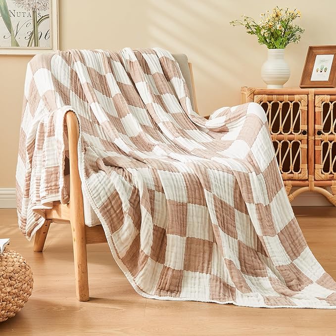 EMME Checkered Cotton Blanket Queen Size for Bed Soft Large Muslin Bed Blankets 80"x90" Lightweight Breathable Cooling All Season Gauze, Light Tan-Ruum Studio Home