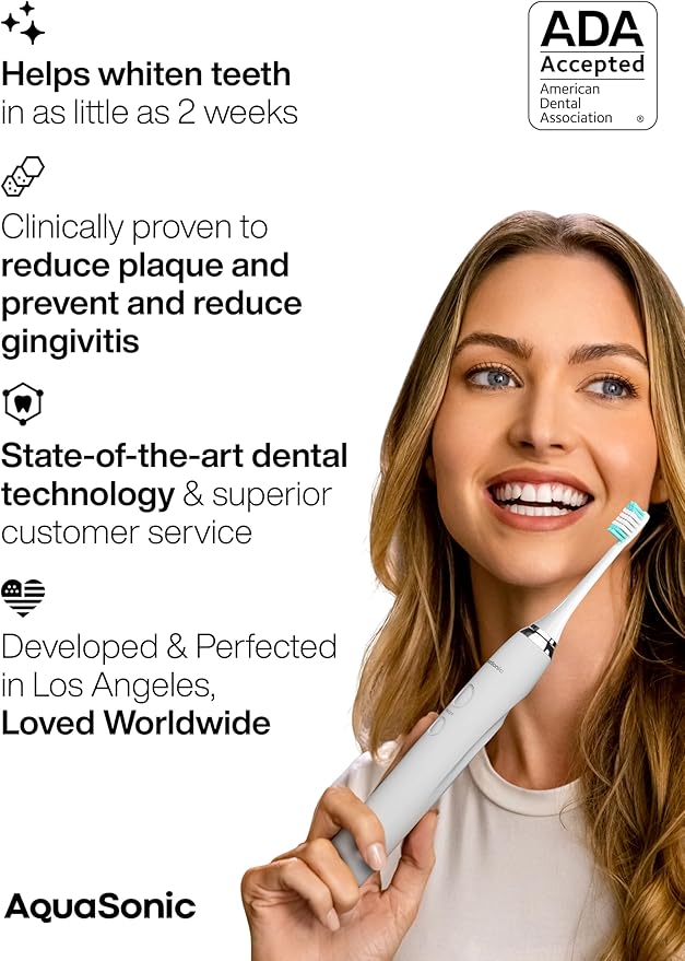 Aquasonic Vibe Series Ultra-Whitening Toothbrush – ADA Accepted Electric Toothbrush - 8 Brush Heads & Travel Case – 40,000 VPM Motor & Wireless Charging - 4 Modes w Smart Timer – Optic White-Ruum Studio Home