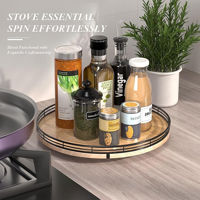 13" Lazy Susan Oak Wood Turntable Organizer for Cabinet, Farmhouse Round Wooden Lazy Susan Organization and Storage for Dining Table, Pantry, Kitchen, Bathroom, Countertop, Cupboard, Home Decor-Ruum Studio Home