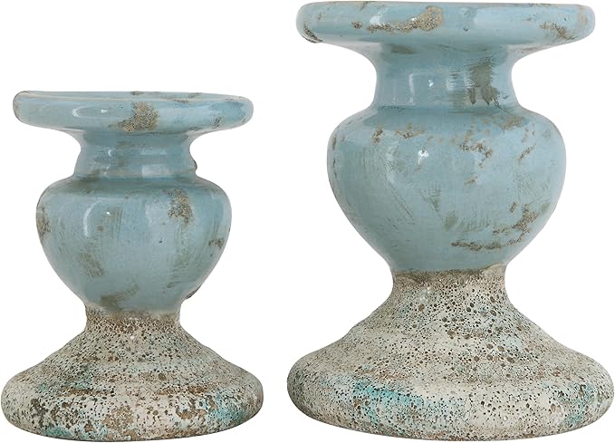 Creative Co-Op Large Distressed Blue Terracotta Pillar Candle Holder-Ruum Studio Home