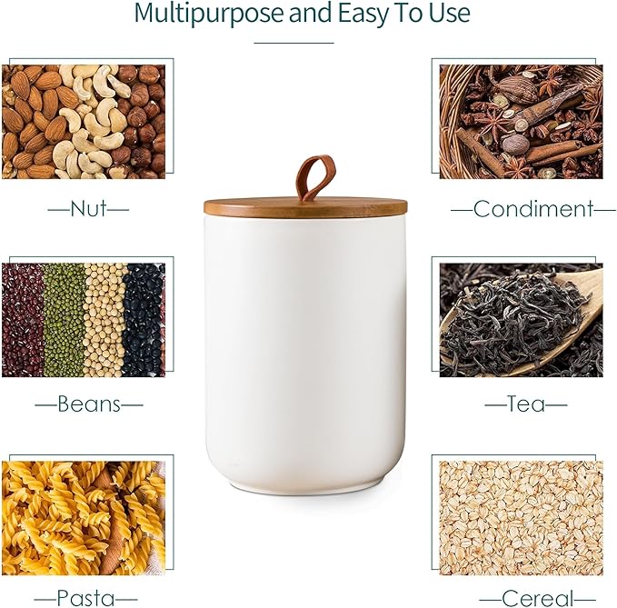 White Canister Sets for Kitchen, 3pcs Ceramic Canisters with Airtight Wooden Lid, Food Storage Jar, Large Kitchen Storage Containers for Serving Coffee Beans, Tea, Sugar, Salt, Spices-Ruum Studio Home