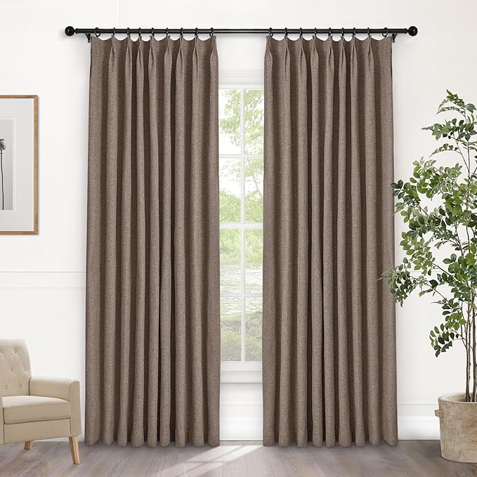 Macochico Pinch Pleated Blackout Linen Curtains 96 Inches Long 100% Light Blocking Burlap Curtains for Bedroom Living Room Thermal Window Panels with Tieback 72”Wx96”L Light Brown 1 Panel-Ruum Studio Home