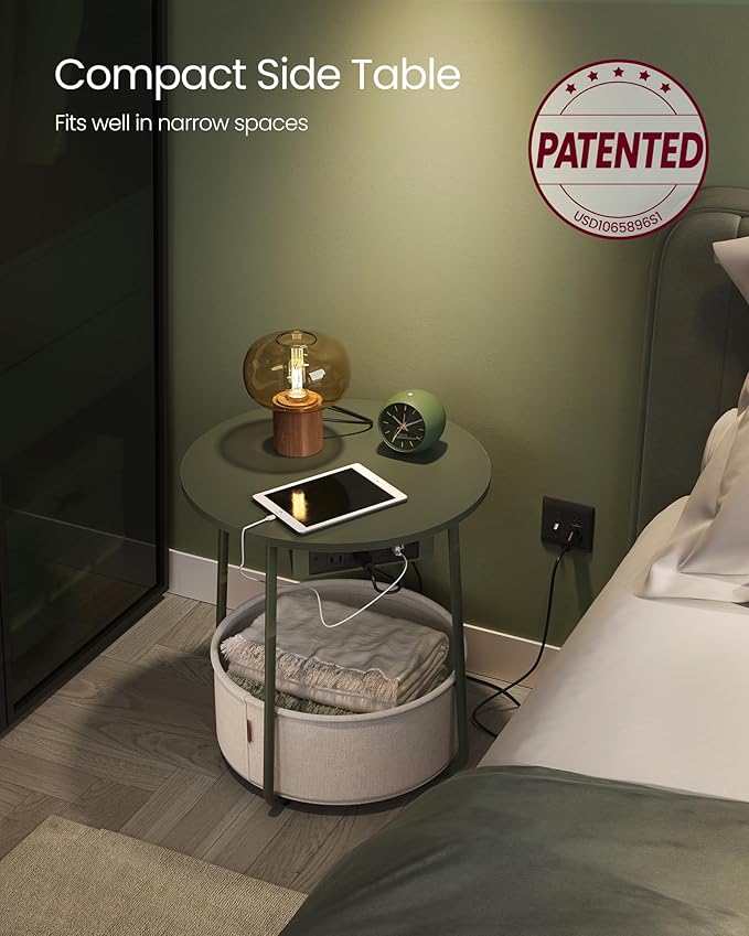 VASAGLE Side Table with Charging Station, Round End Table with Fabric Basket, Nightstand with Power Outlets, USB Ports, for Living Room, Bedroom, Modern, Forest Green and Cream White ULET228C04-Ruum Studio Home