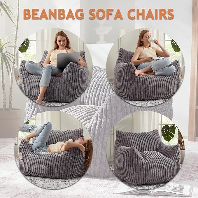 Giant Bean Bag Chairs for Adults with Filling Plush Fluffy Bean Bag Chairs for Teens with Armrests Comfy BeanBag Lazy Couch Sofa Chair for Bedroom Living Room Reading (Dark Gray2, M-for Teens/Adults)-Ruum Studio Home