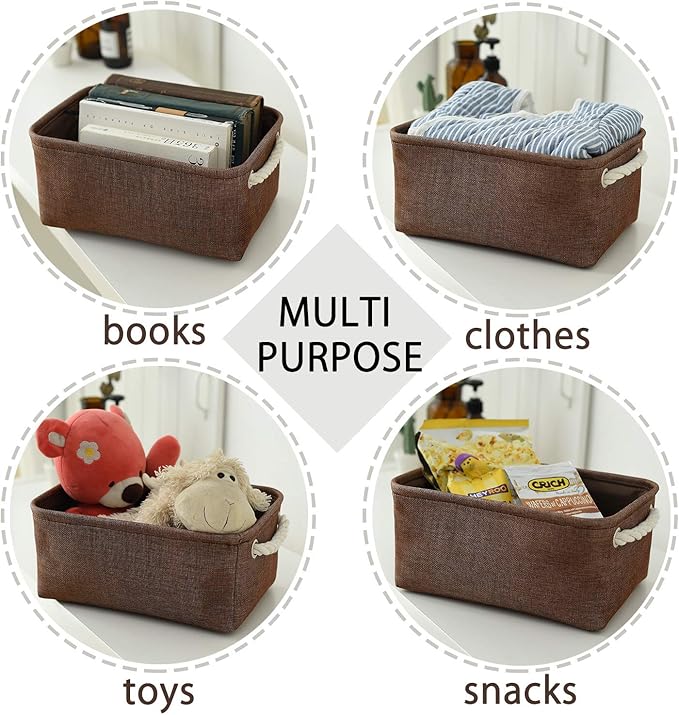 TheWarmHome Small Fabric Canvas Storage Bin with Cotton Rope Handles - Foldable Empty Basket for Gift (Brown-1 Pack,11.8L7.9W5.2H inch)-Ruum Studio Home