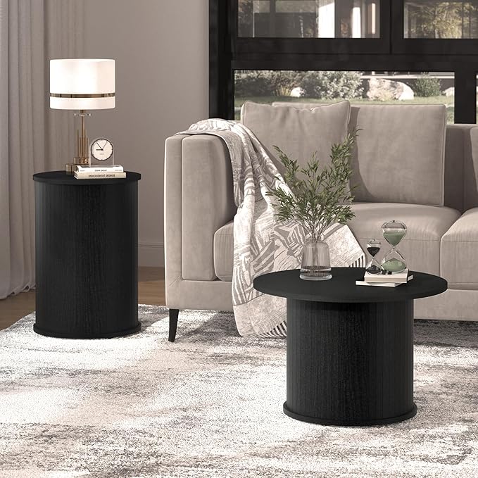 Set of 2 Round Nesting Coffee Tables for Living Room, Fluted Circle Black Wood Coffee and End Table Sets for Apartment, Small Spaces, Bedroom, Modern Style, Easy Assembly & Maintenance-Ruum Studio Home