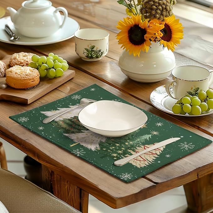 Green Christmas Tree Placemats Set of 4, 12x18 Inch Xmas Trees Snowflakes Winter Holiday Place Mats Seasonal Washable Linen Table Mats for Indoor Outdoor Kitchen Dining Party Décor-Ruum Studio Home