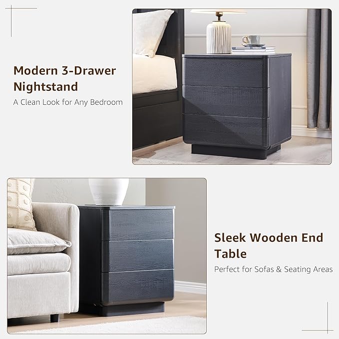 JXQTLINGMU 22" Modern Nightstand Set of 2 with Charging Station, Large Push-to-Open End Table, Wood Bedside Table, Curved Profile, Handleless 3 Drawer Night Stand for Bedroom, Living Room, Black-Ruum Studio Home