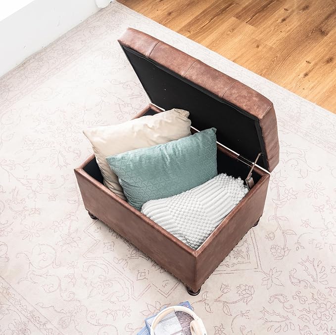 Joveco Leather Storage Ottoman, 24" Rectangle Tufted Square Upholstered Bench, Foot Rest Stool with Wood Legs, Footstool for Living Room Bedroom, Coffee-Ruum Studio Home