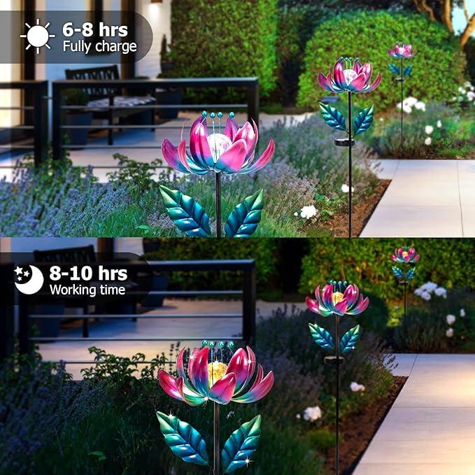 Solar Purple Metal Flower Wind Spinners, Colorful Spinning Windmill Lotus Yard Art Lights Wind Pinwheels with LED Crystal Ball Decorative Stake Lighting Flower Sculpture-Ruum Studio Home