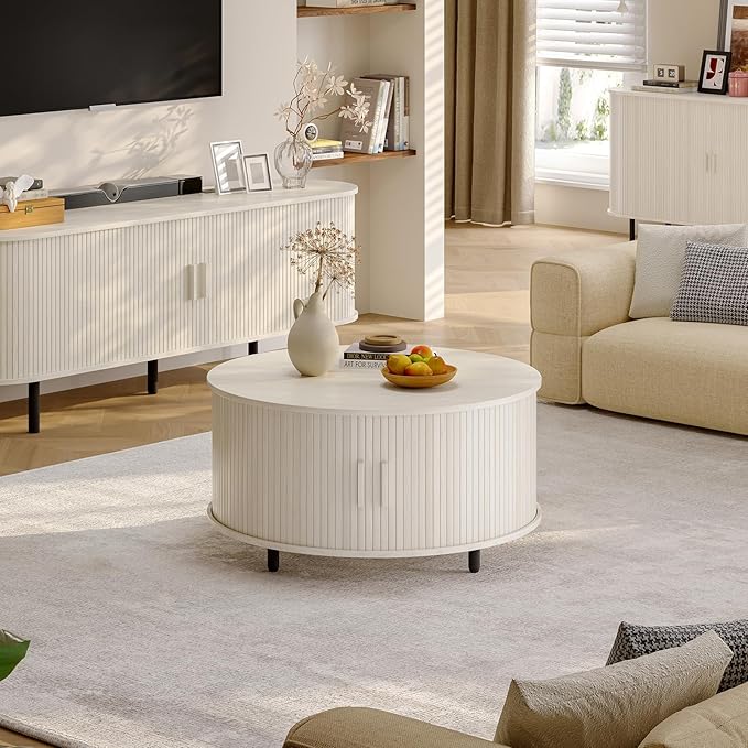 Round Coffee Table with Storage, 31.5" Modern Coffee Table with 360° Curved Sliding Door, Fluted Wood Coffee Table with Adjustable Footpads, Round Center Table for Living Room, Natural White-Ruum Studio Home
