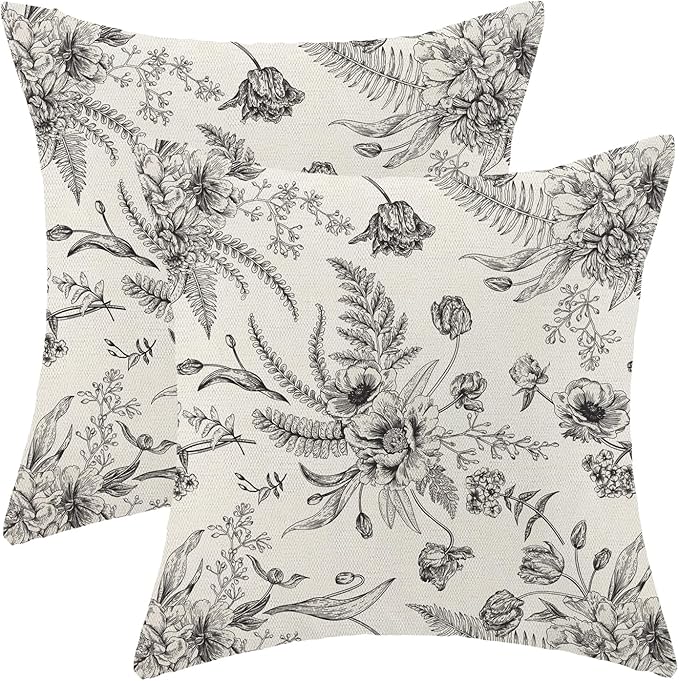 CXMEIFLY Spring Floral Leaves Pillow Covers 16 x 16 Inch Set of 2 for Chinoiserie Flowers Decor Throw Pillows Black and White Seasonal Plant Outdoor Decorative Cushion Cases for Couch Bed Decorations-Ruum Studio Home