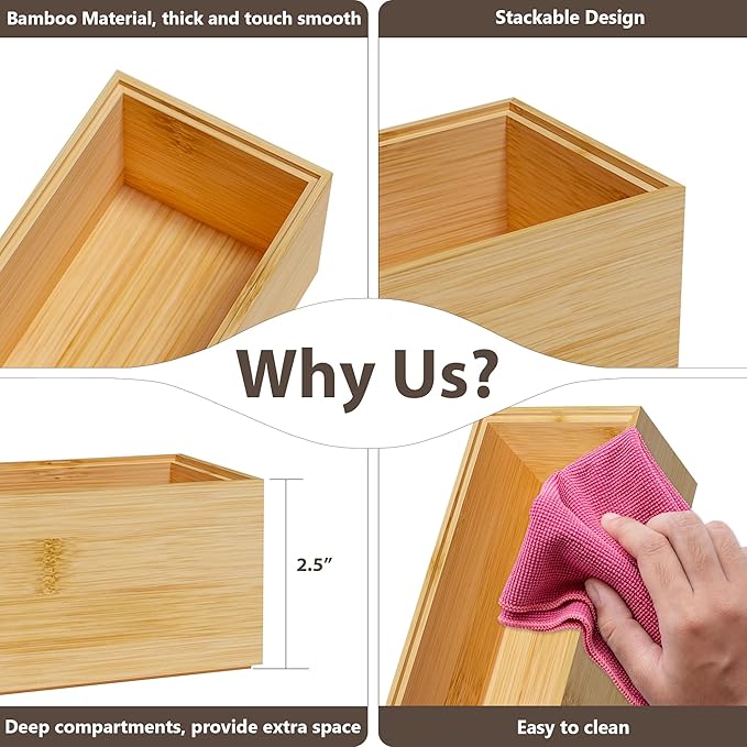 Kitchen Drawer Organizer Bins, Stackable Bamboo Deep Drawer Organizer for Silverware, Utensils, Cutlery, Flatware, Junk Drawer, Dresser, Bathroom, 12" x 3" x 2.5" (Set of 2)-Ruum Studio Home