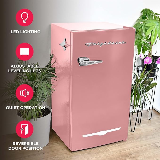 Frigidaire EFR376 Retro Bar Fridge Refrigerator with Side Bottle Opener, 3.2 cu. Ft, Pink/Coral-Ruum Studio Home
