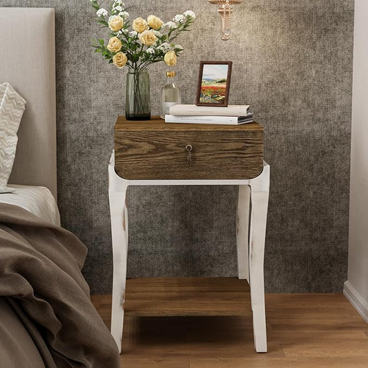 COSIEST Rustic Nightstand, 2-Tier Farmhouse Bedside Table, Wood Accent End Table with Storage Drawer and Open Display Shelf for Bedroom Nursery Living Room(Walnut)-Ruum Studio Home