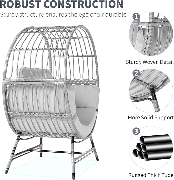 Egg Chair Outdoor Indoor, Oversized Rattan Chair with Thicken Cushion, 350LBS Capacity Wicker Patio Lounge Chair, Basket Chair for Living Room Balcony Porch Backyard, Grey/Light Grey-Ruum Studio Home