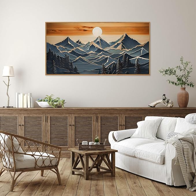 Tinonedraw Metal Mountain Framed Canvas Wall Art, Boho Mountains Forest Artworks, Mid Century Modern Blue Ridge Wall Decor, Vintage Nature Sunset Art Print for Living Room Bedroom Office 20"x40"-Ruum Studio Home