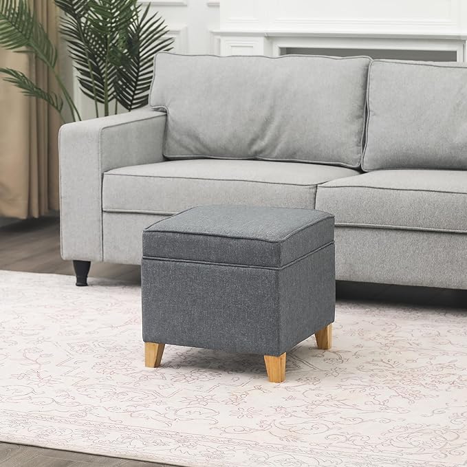 Adeco 17.5" Square Fabric Ottoman with Storage, Upholstered Cotton Linen Foot Rest, Flip Top Footstool, Small Cube Coffee Table Extra Seat for Living Room, Bedroom, Grey with Burlywood Legs-Ruum Studio Home
