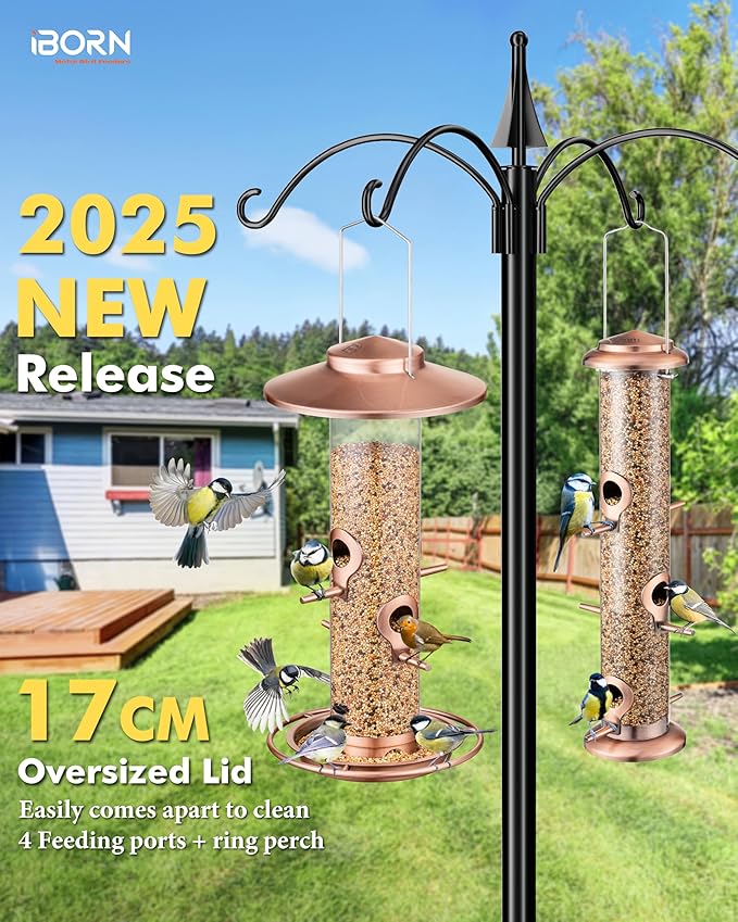 iBorn Bird Feeders for Outdoors, 2LB Metal Bird Feeders 17cm Large Roof &Tray, 4 Feeding Ports, Brushed Copper Finishing-Ruum Studio Home