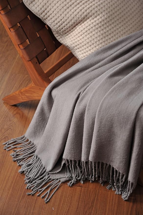 CUDDLE DREAMS Silk Throw Blanket with Hand-Knotted Fringe, Natural, Soft & Breathable (Gray)-Ruum Studio Home