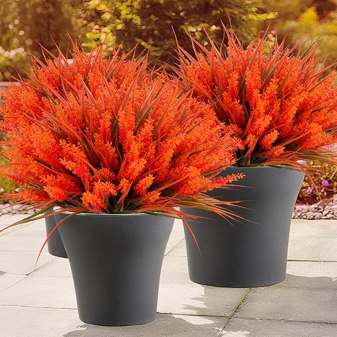 Geegoods 24 Bundles Artificial Fall Flowers Outdoor – Faux Lavender Flowers with Monkey Grass UV Resistant Plastic Faux Plants for Garden Porch Patio Home Decor, Autumn-red Color-Ruum Studio Home