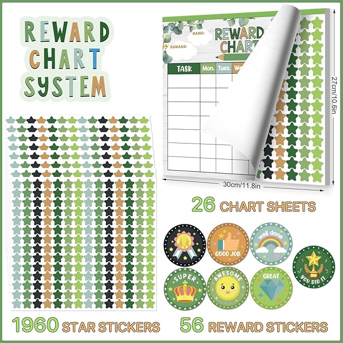 Reward Chart for Kids,Magnetic Behavior Chore Chart for Kids at Home,26 Eucalyptus Chore Charts,1960 Star Stickers,56 Reward Stickers,Incentive Chart to Develop Responsibility and Good Habits,Greenery-Ruum Studio Home