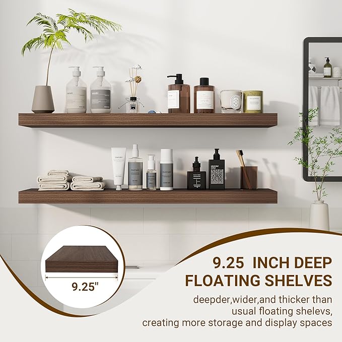 36 Inch Floating Shelves, 36"x9.25"x1.5" Inch Deep Floating Shelves for Wall, Wooden Shelves for Bathroom, Bedroom, Living Room, Walnut-Ruum Studio Home