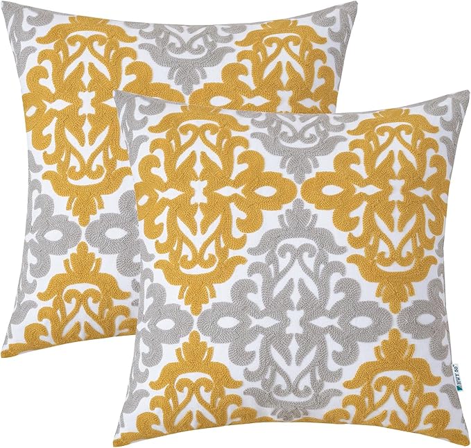 HWY 50 Mustard Yellow Decorative Throw Pillow Covers 18x18 Inch, Pack of 2 Embroidered Cotton Farmhouse Cushion Cover Pillow Case for Sofa Couch Living Room Bed Bedroon, Accent Geometric-Ruum Studio Home