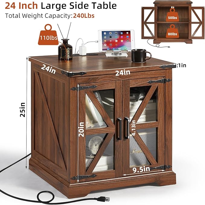 24" End Table with Charging Station, Farmhouse Night Stand with Glass Barn Door, Green Nightstands with Adjustable Storage Shelf, Large Wood Square Bed Side Table for Living Room, Bedroom-Ruum Studio Home
