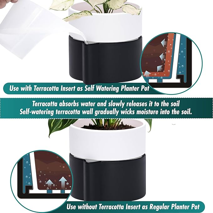Phoenix Vine 6.5 Inch Self-Watering Planter Pot with Terracotta Insert, Deep Water Reservoir, and Ceramic-Alike BPA-Free Plastic Pot for Plant, Modern Planter for Houseplants, Black/White, 53-C-S-7-Ruum Studio Home