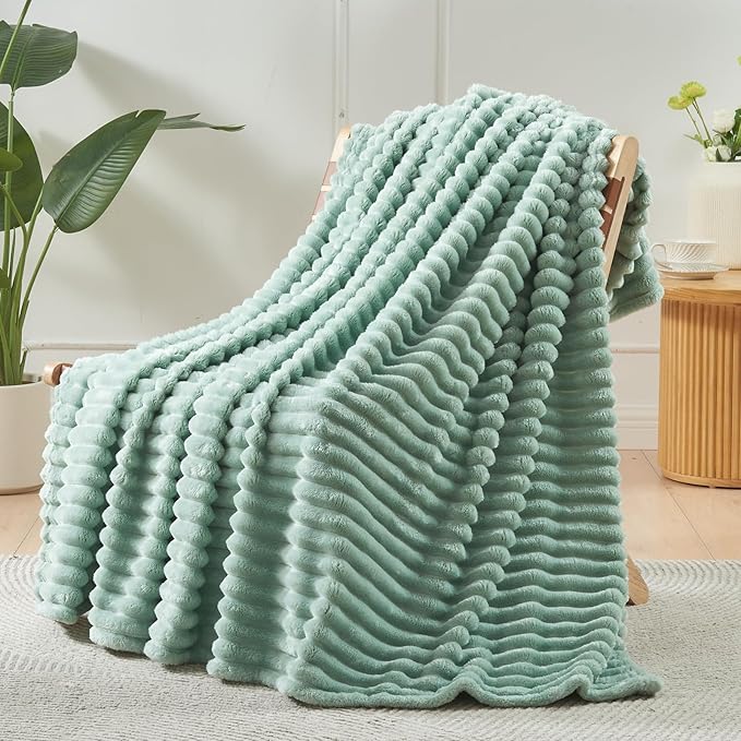 NEWCOSPLAY Super Soft King Blanket New Sage Green Premium Silky Flannel Fleece 3D Ribbed Jacquard Lightweight Bed Blanket All Season Use (New Sage Green Ribbed, King(90"x110"))-Ruum Studio Home
