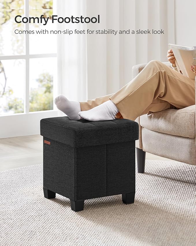 SONGMICS Storage Ottoman, Small Ottoman Foot Rest with Legs, 15 x 15 x 15.7 Inches Foot Stool, Load up to 660 lb, for Living Room, Bedroom, Dorm, Ink Black ULSF014B01-Ruum Studio Home