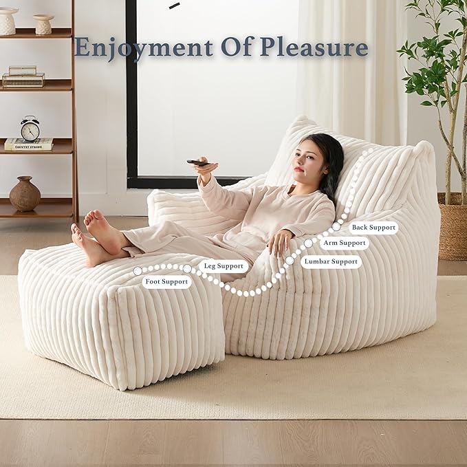 Oversized Bean Bag Chaise Lounge Chair Indoor for Adults with Armrests & Ottoman - Giant Comfy Beige Beanbag Lazy Floor Sofa Cloud Accent Chair for Reading, Gaming, Cozy Fluffy Cloud Mini Couch-Ruum Studio Home