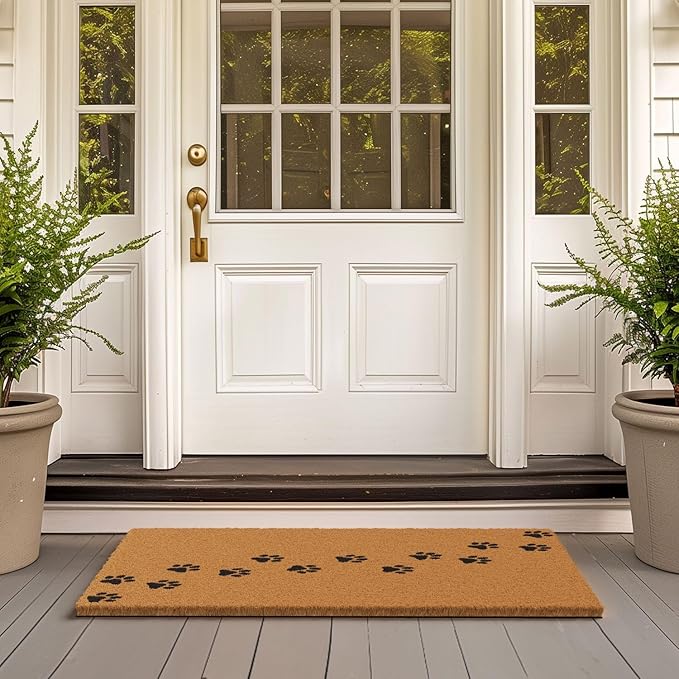 Barnyard Designs Natural Coco Coir Heavy Duty Backing Doormat - Large Cute Non-Slip Front Door Welcome Mat for Outside Entrance or Porch Entry, Brown (24x36, Paws)-Ruum Studio Home