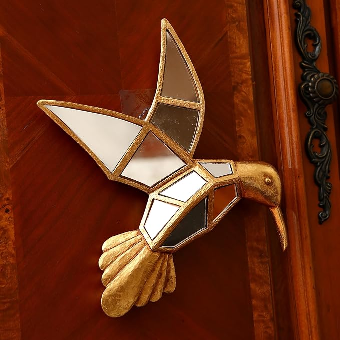 Vintage Wall Sculpture Animals Gold Bird Mirrors - Gold Resin Hummingbird and Glass Wall Decor, Perfect for Victorian and European Themed Homes-Ruum Studio Home