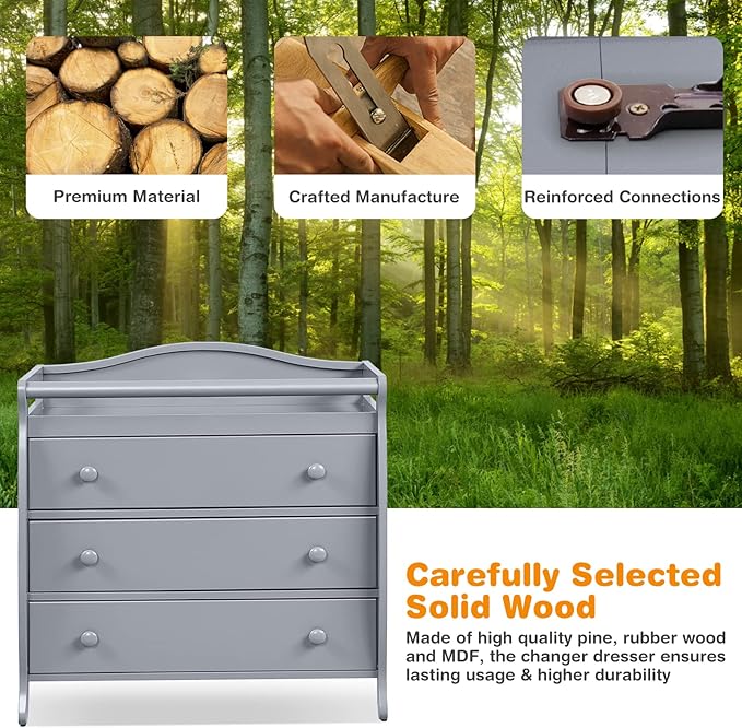 Costzon 3-Drawer Changing Table, Infant Diaper Changing Station with Drawers, Safety Rails & Strap, Baby Changing Table Dresser for Nursery, Easy Assembly (Gray)-Ruum Studio Home