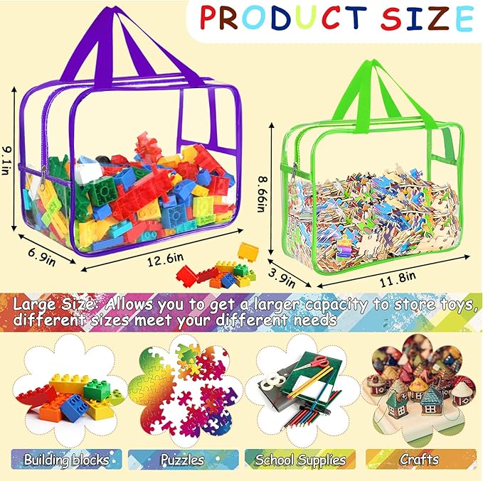 6 Colors Large Toy Storage Bags with Labels, Reusable Clear PVC Board Game Storage, Travel Waterproof Organizer Bags with Zipper for Building Blocks, Puzzle, Kids Books(3 large & 3 Widen X-Large)-Ruum Studio Home