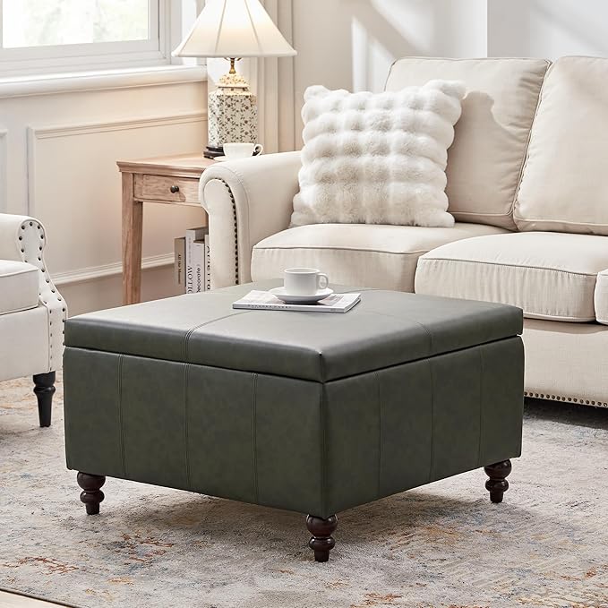 HUIMO Square Leather Storage Ottoman,Ottoman Coffee Table with Storage for Living Room (Vintagegreen)-Ruum Studio Home